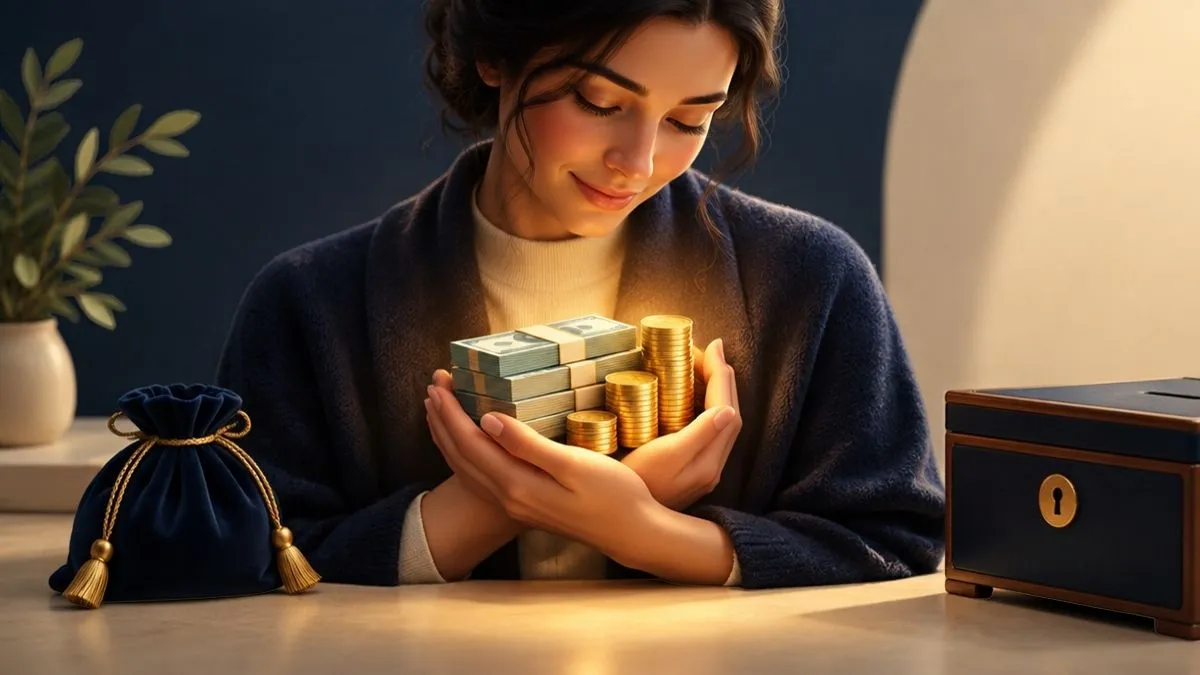 お金を大事そうに抱える様子
